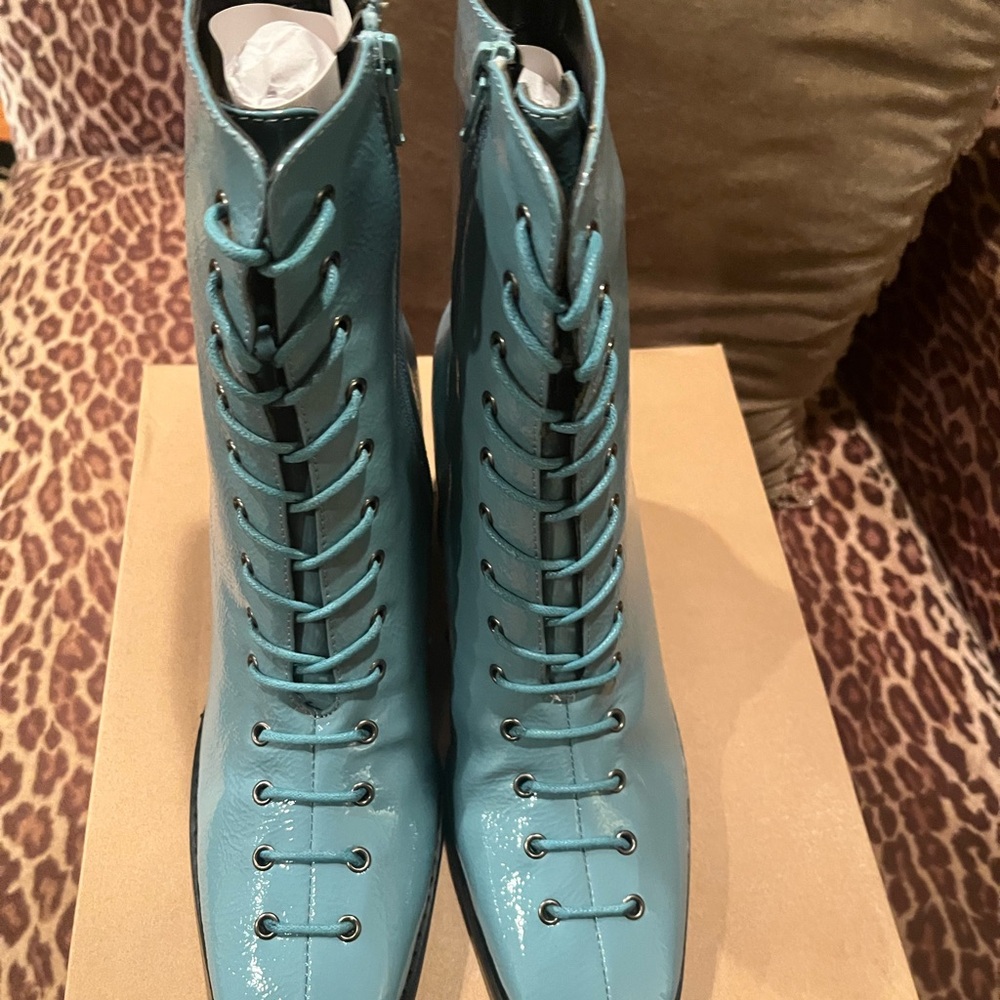 Glamorous wide fit patent lace up heel boots pale blue size 9